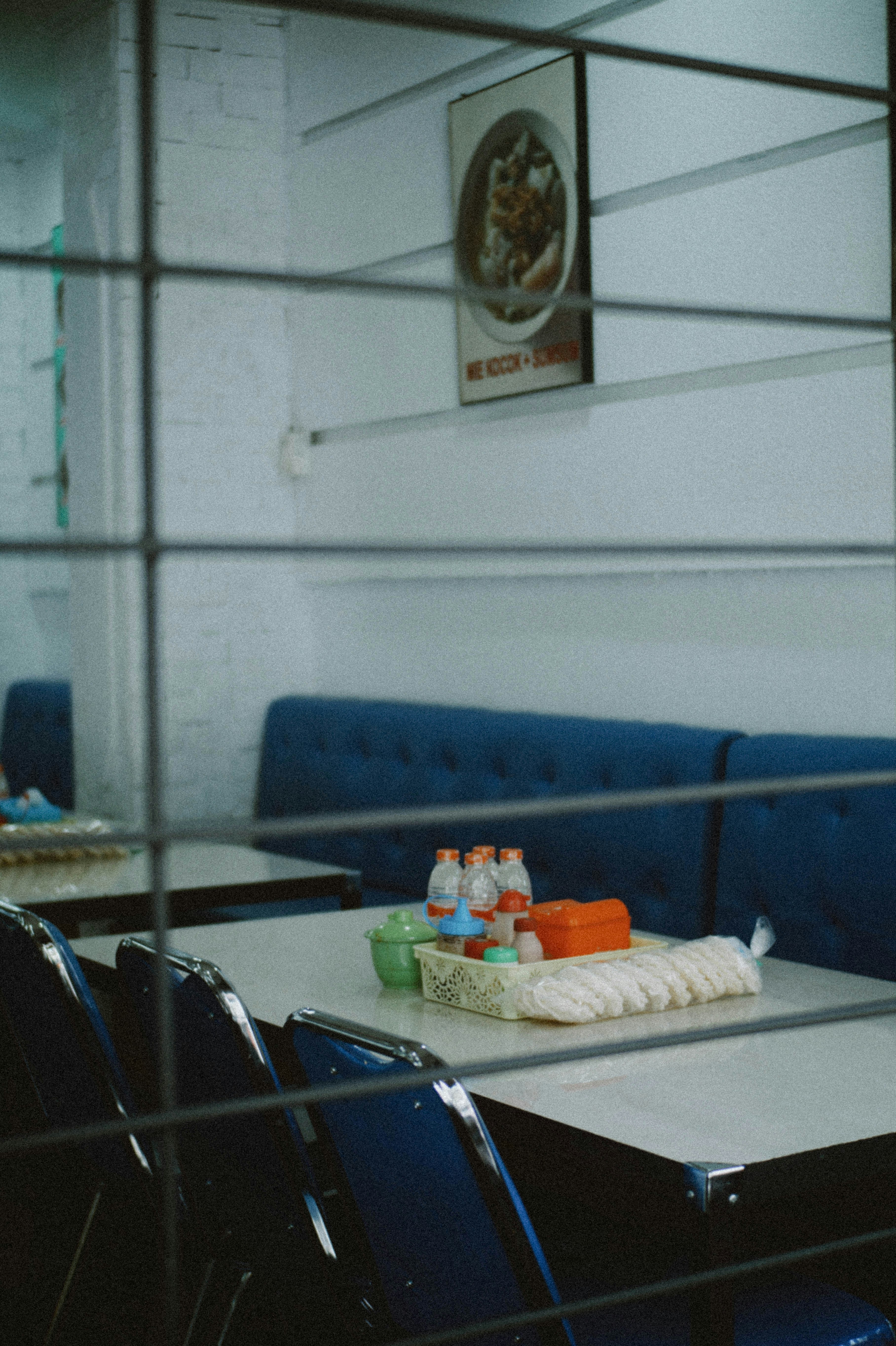 a table with a tray of food on top of it
