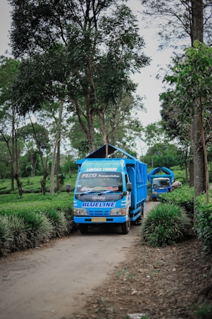 a blue garbage truck parked on a dirt road