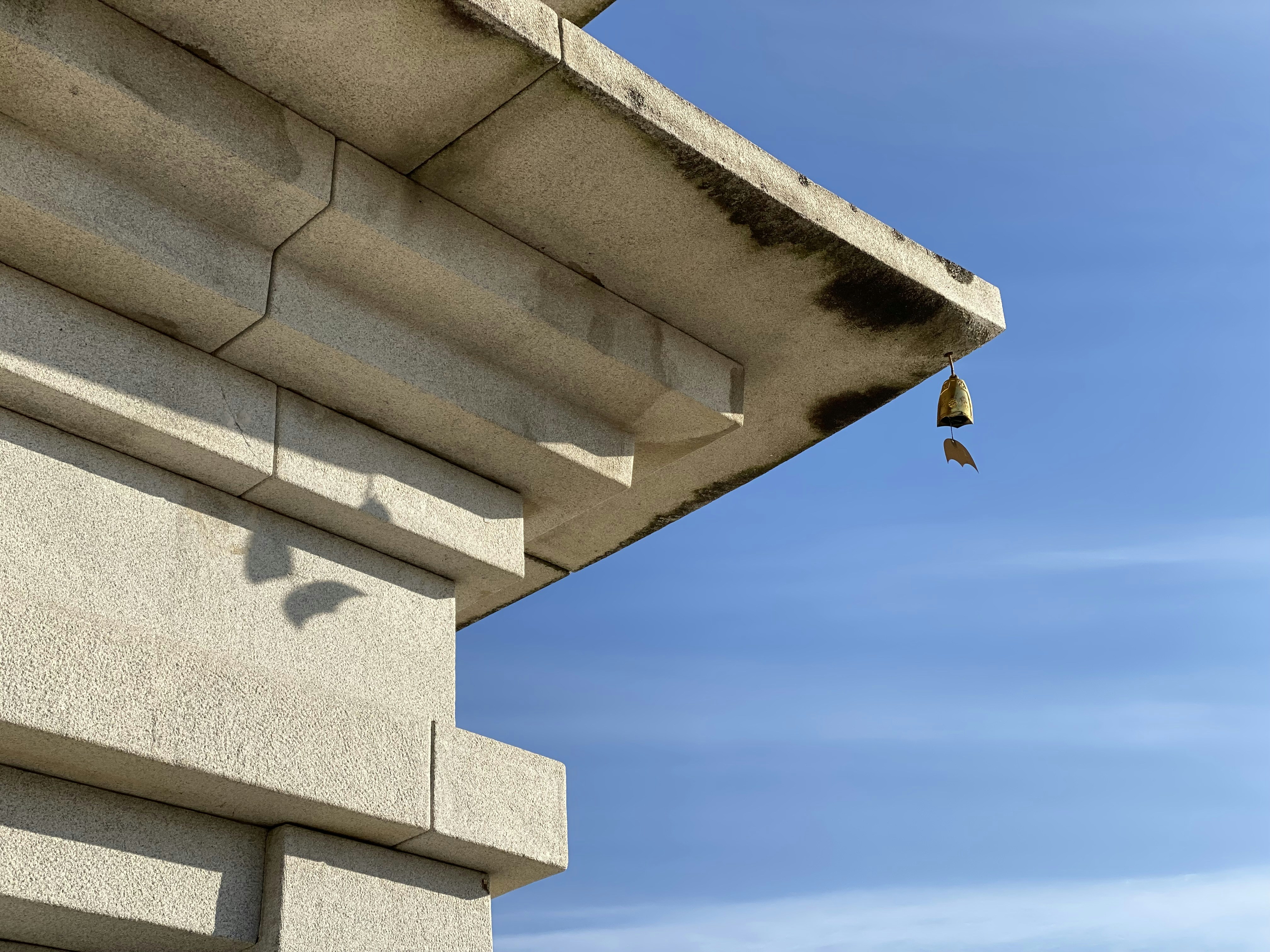 a bird flying over a building with a sky background