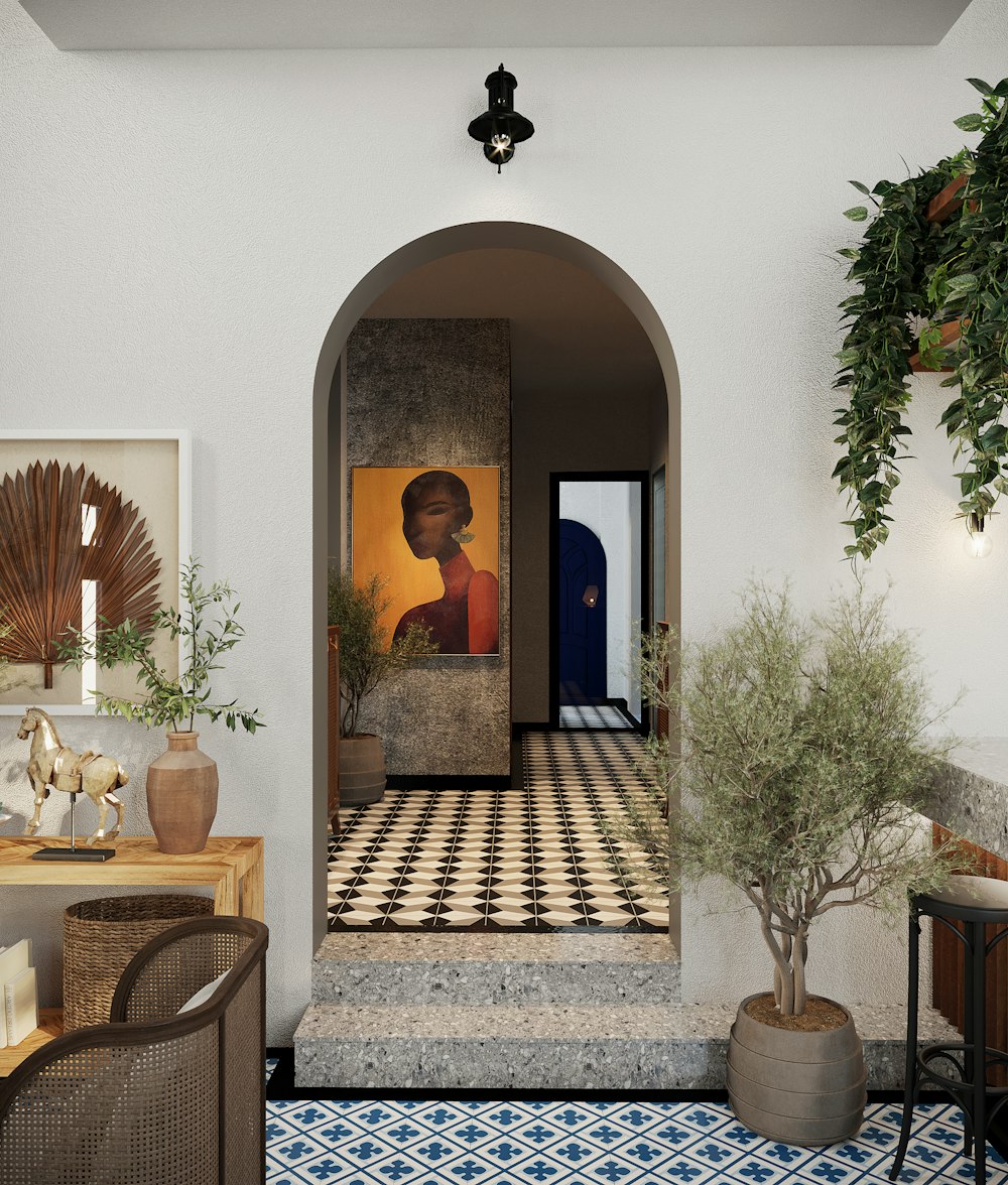 a hallway with a painting of a woman on the wall