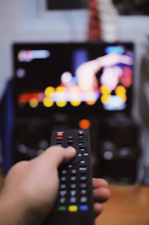a person holding a remote control in front of a television