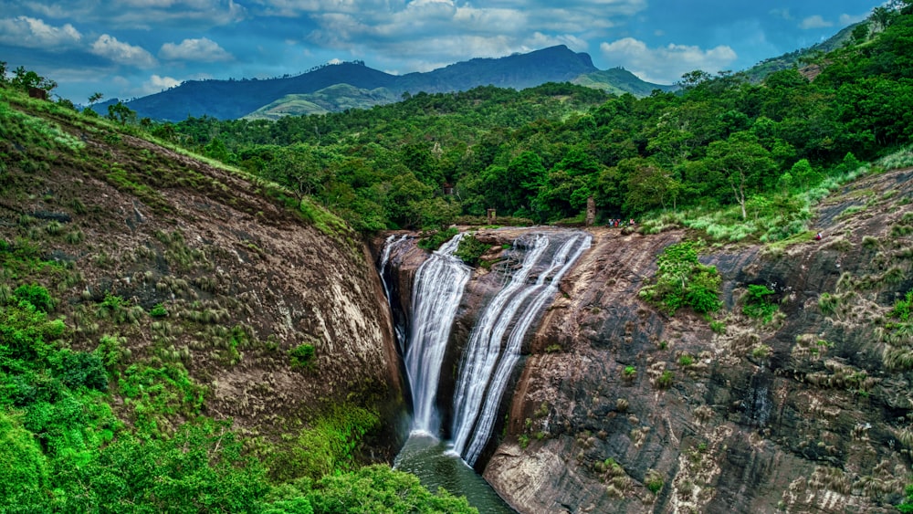 a waterfall in the middle of a lush green forest