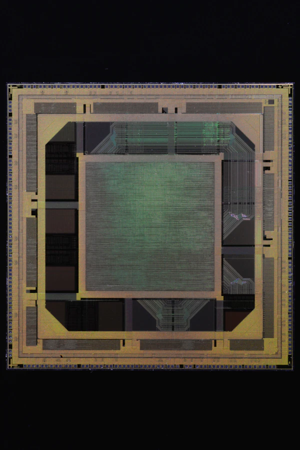Bare processor die with gold contacts on black