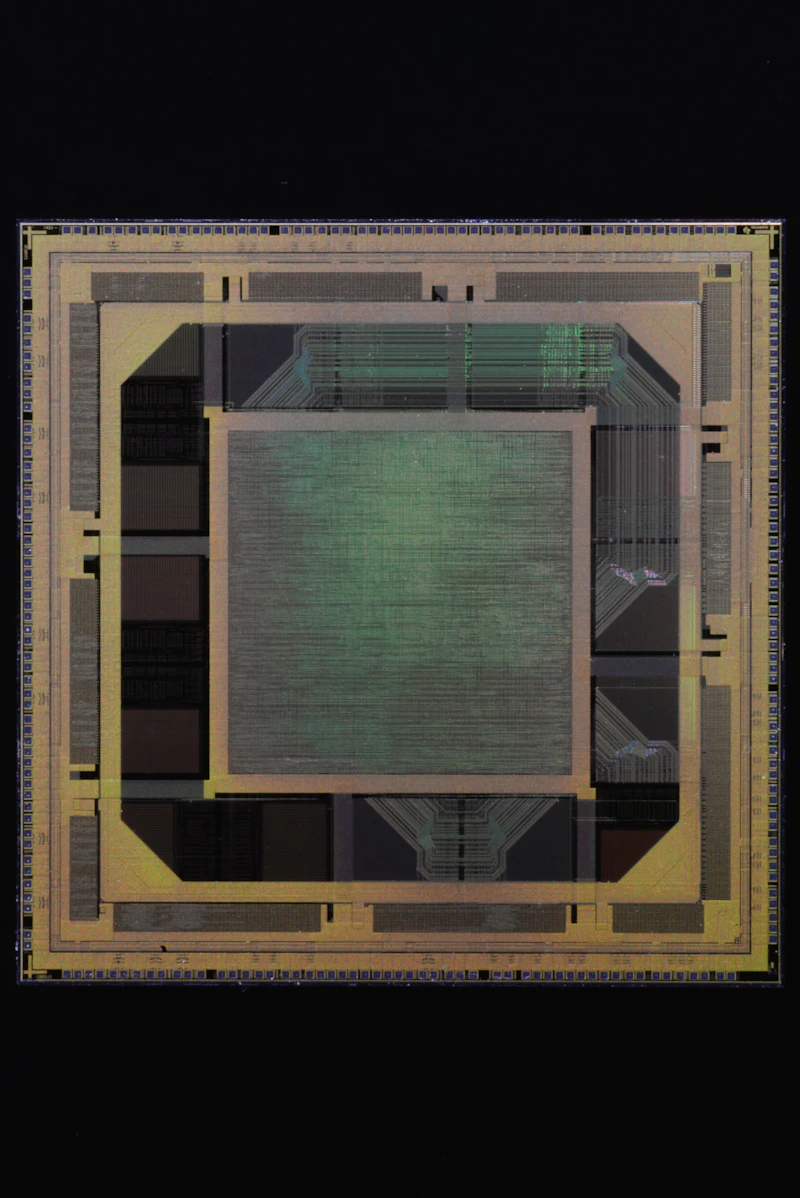 Bare processor die with gold contacts on black