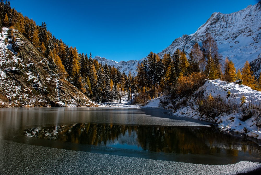 a lake surrounded by snow covered mountains and trees