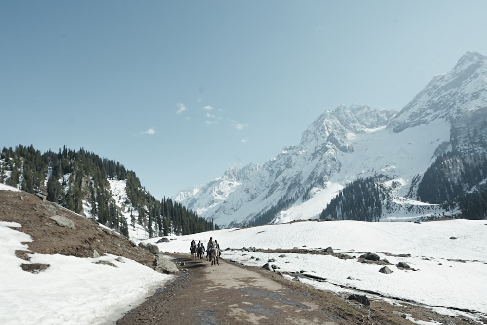 a group of people walking up a snow covered hill