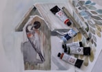a painting of a bird in a bird house