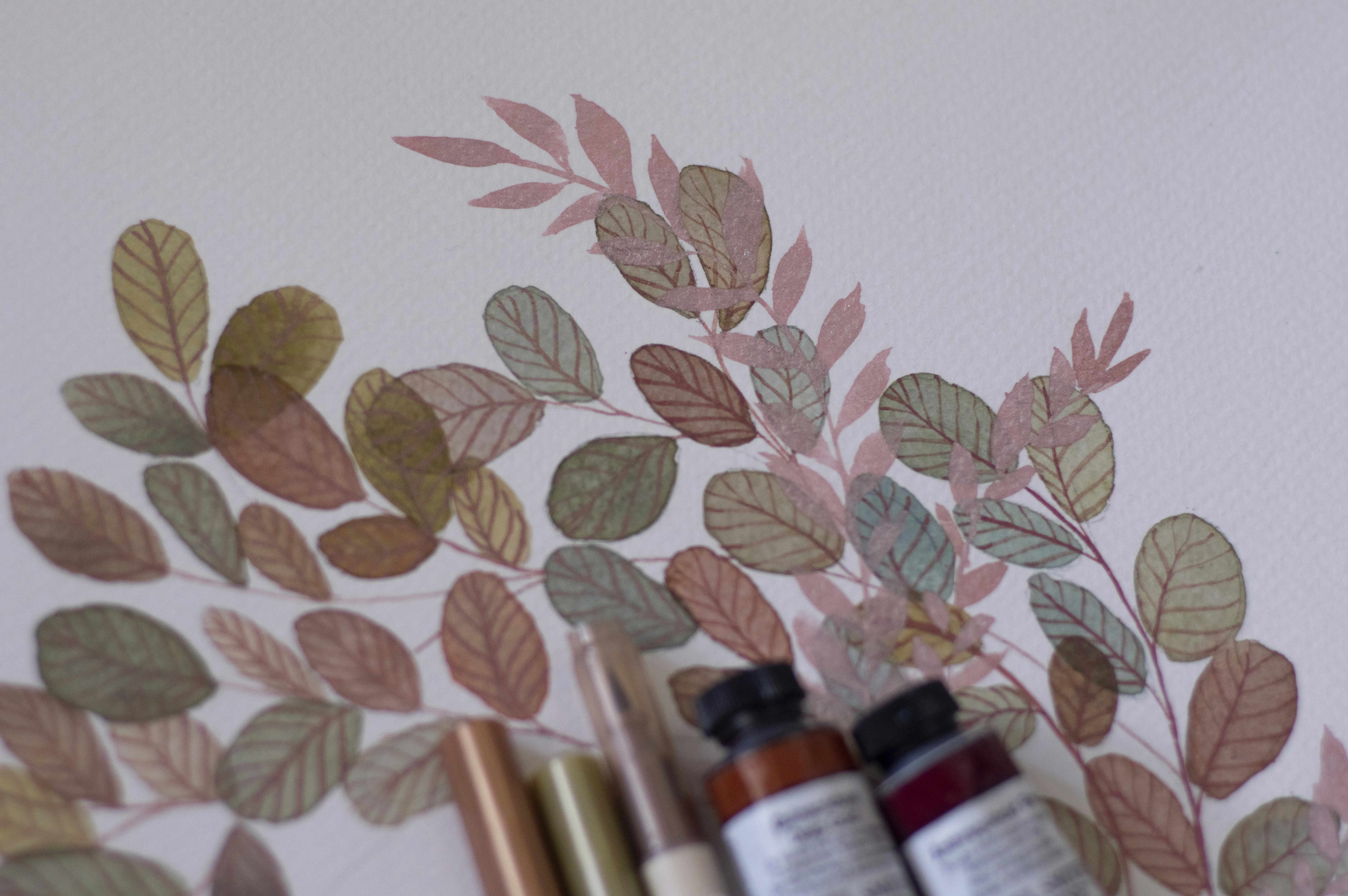 a wall with some bottles of paint on it