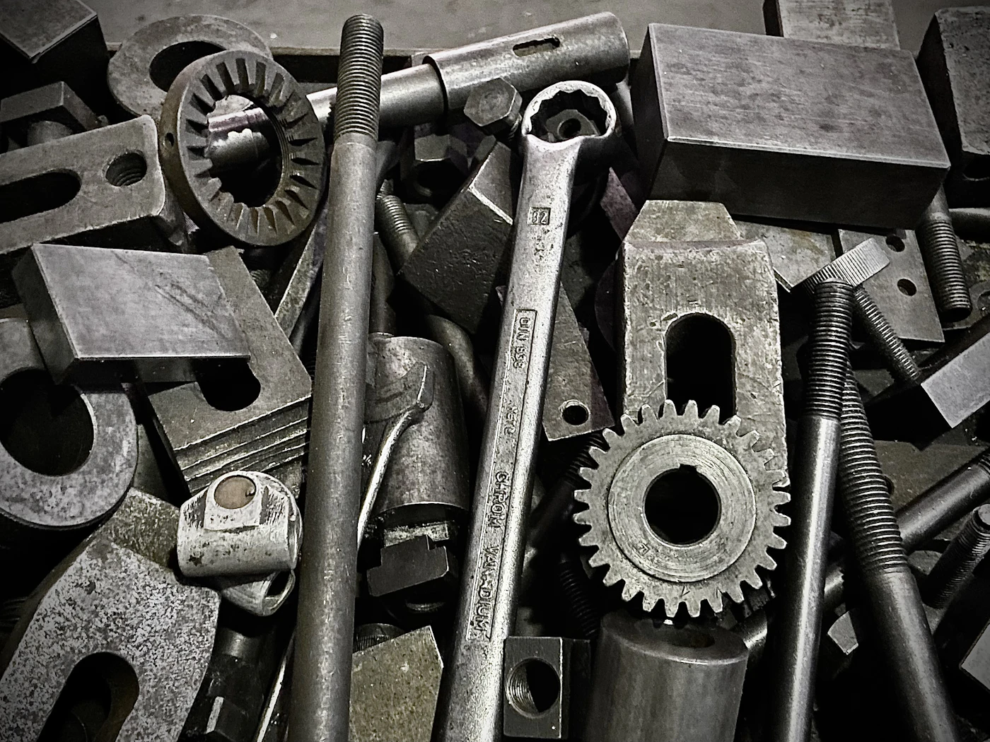 Industrial wrench and metal fittings used for pipeline work