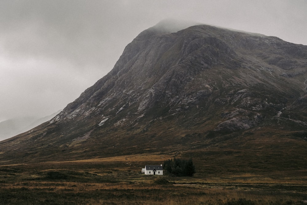 a house in the middle of a field with a mountain in the background