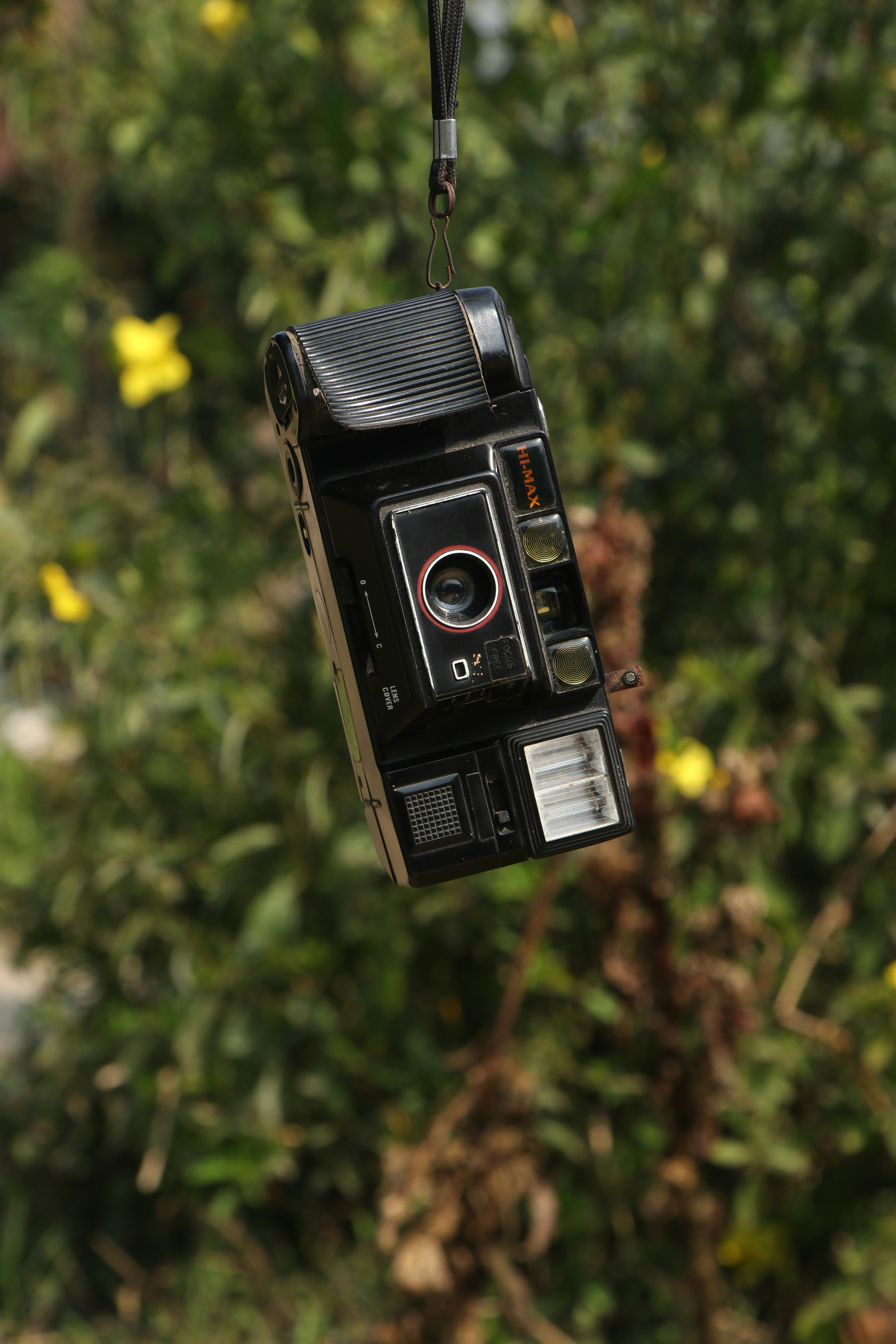 a camera hanging from a wire in front of a tree