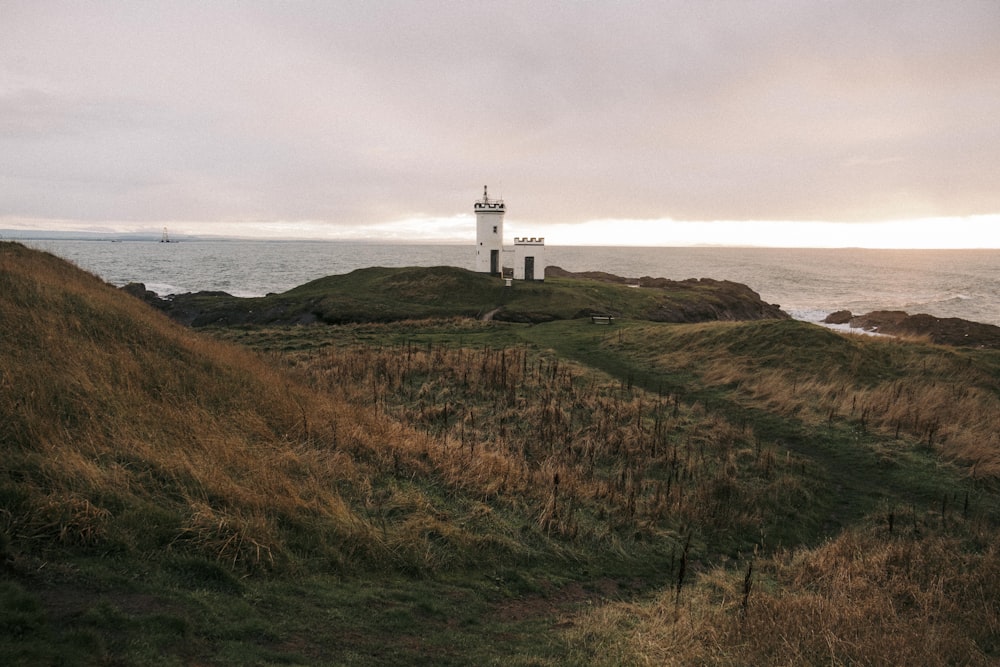 a lighthouse on top of a grassy hill near the ocean