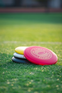 three frisbees sitting on the ground in the grass