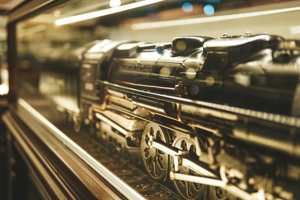 A detailed 3D puzzle of a vintage steam locomotive in warm lighting