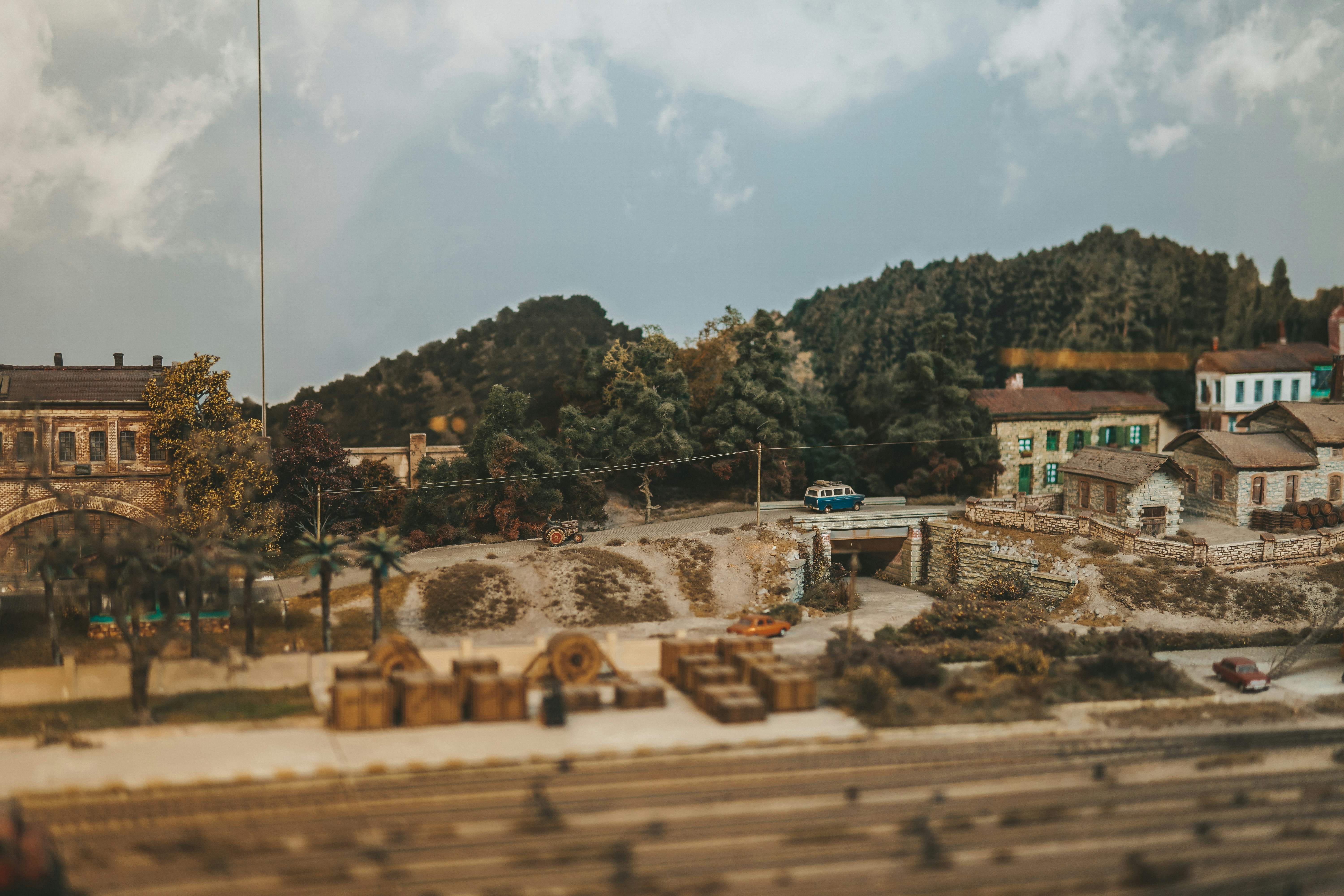 a model of a town with a bridge over it