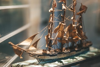 a model of a sailing ship in a glass case