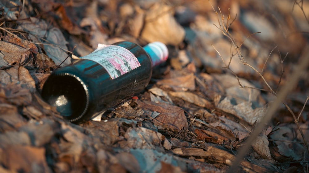 eine zerbrochene Flasche, die im Wald auf dem Boden liegt