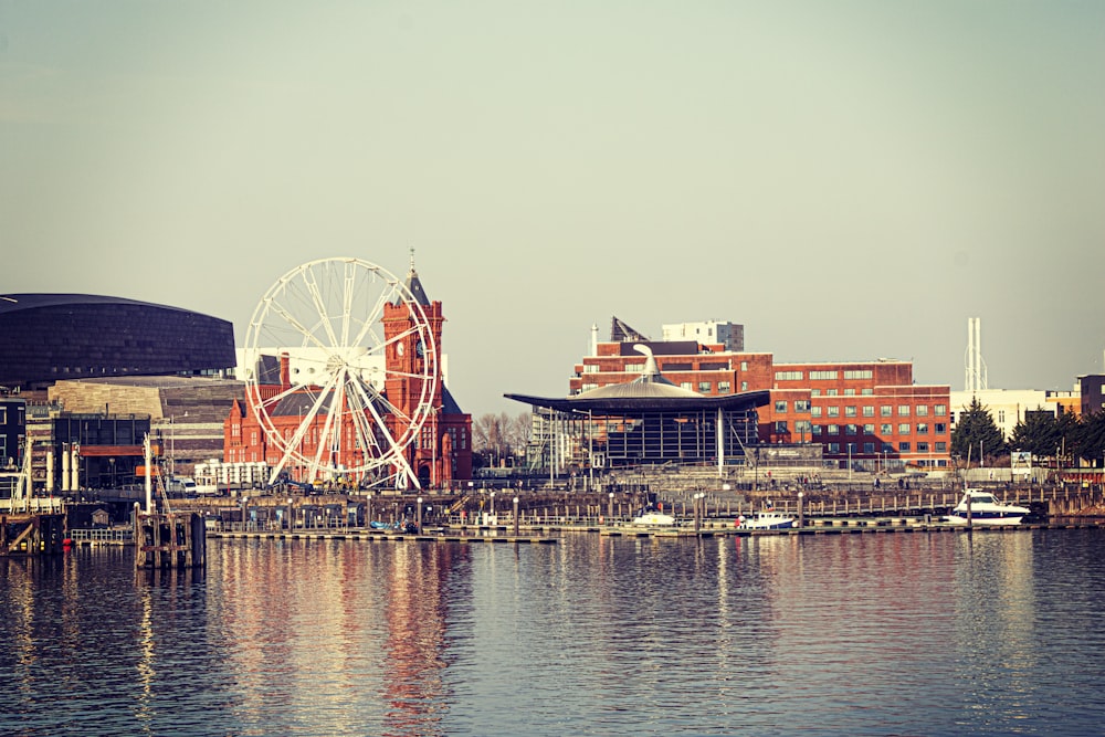 a ferris wheel sitting on top of a body of water