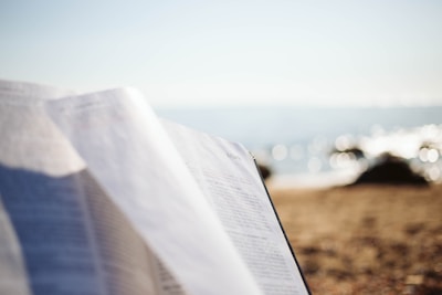 A close-up of an open book with printed text, set against a blurred background of a sunny beach and ocean. The pages of the book take up most of the foreground, with the beach scenery providing a serene backdrop.