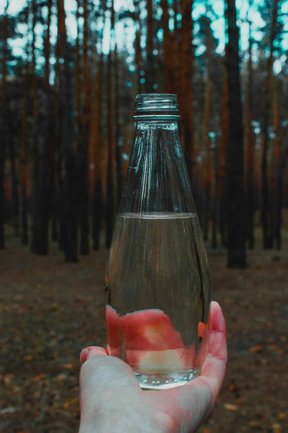 a person holding a glass bottle filled with liquid