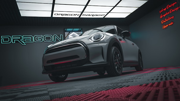 A sleek, modern car with a sporty design is positioned in a showroom-like environment. The room has a futuristic feel with neon signage on the wall that reads 'DRAGON' and 'DRAGON GARAGE'. The floor has a textured pattern, and soft lighting includes red accents.
