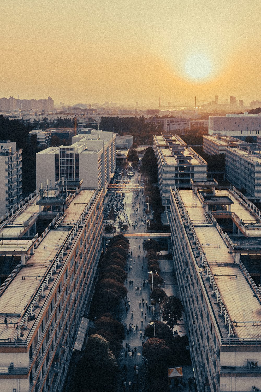 an aerial view of a city at sunset