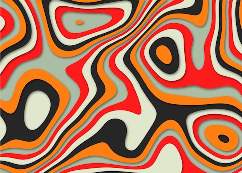 A vibrant abstract design featuring geometric patterns and cosmic symbols in rich reds and greens.