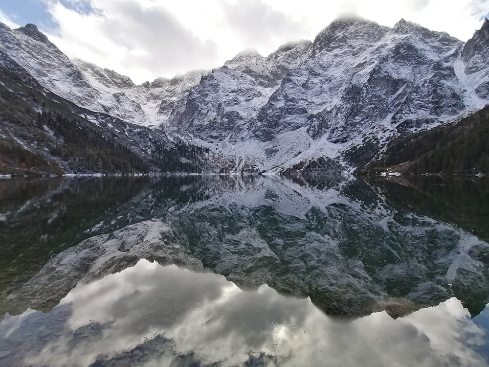 a mountain range covered in snow next to a lake