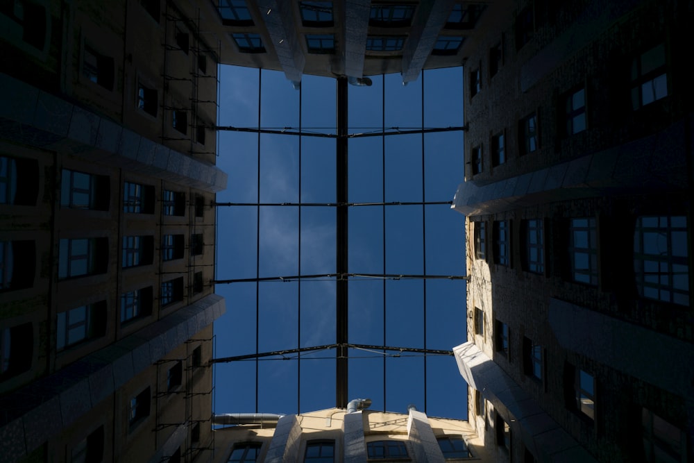 a view of a building through a glass window