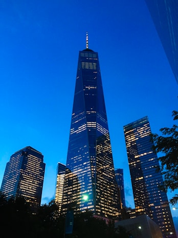 A stunning twilight view of Leviz Developers' high-rise tower glowing against the night sky.