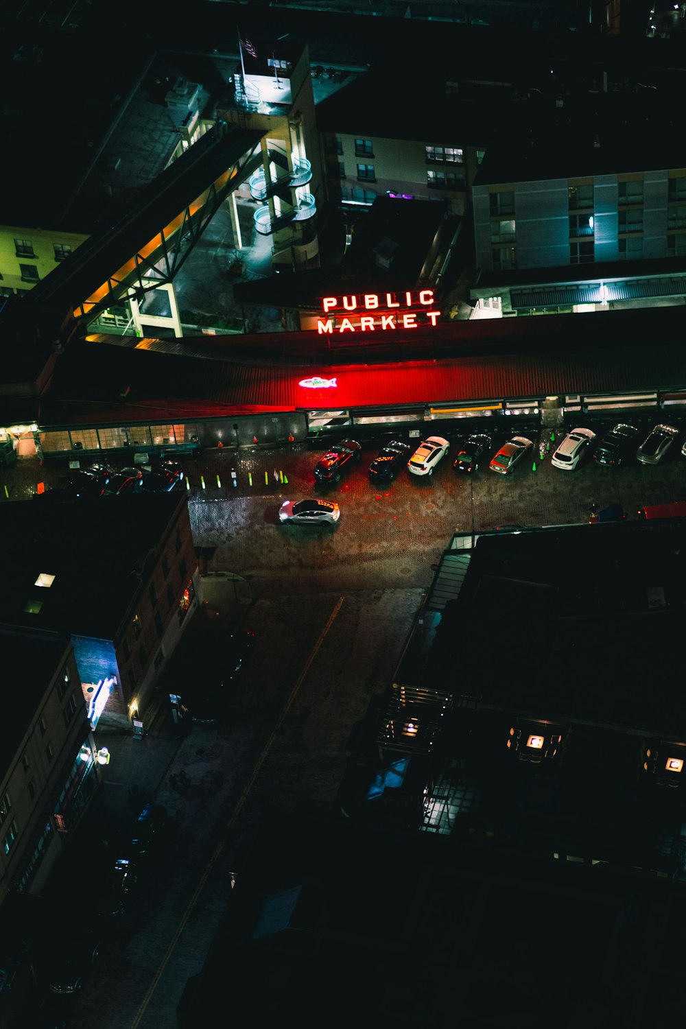 an aerial view of a public market at night