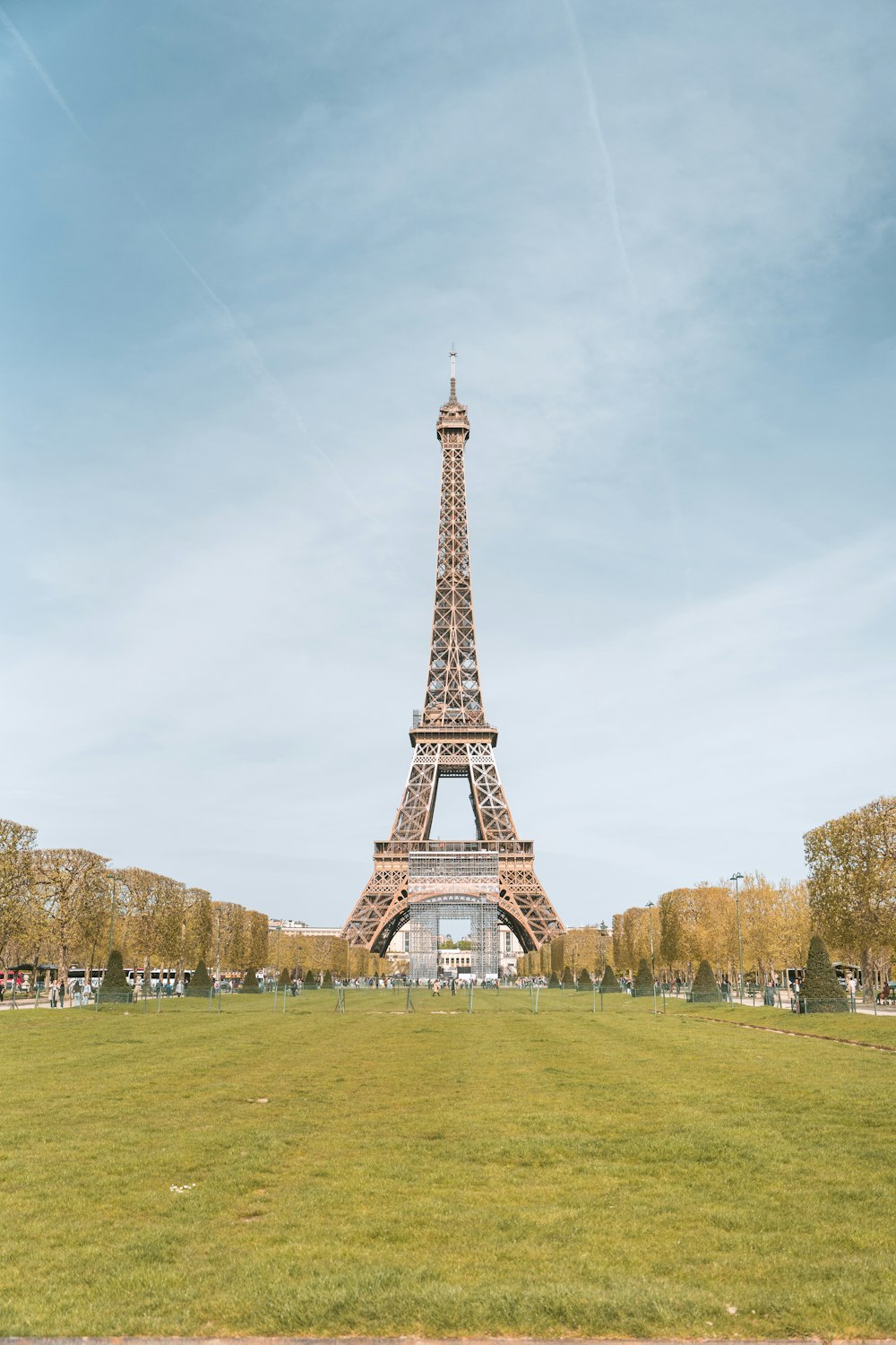 the eiffel tower towering over a lush green park