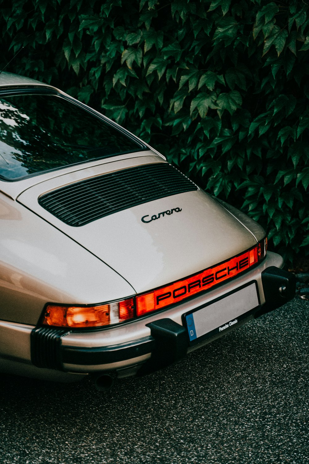 a silver car parked next to a bush