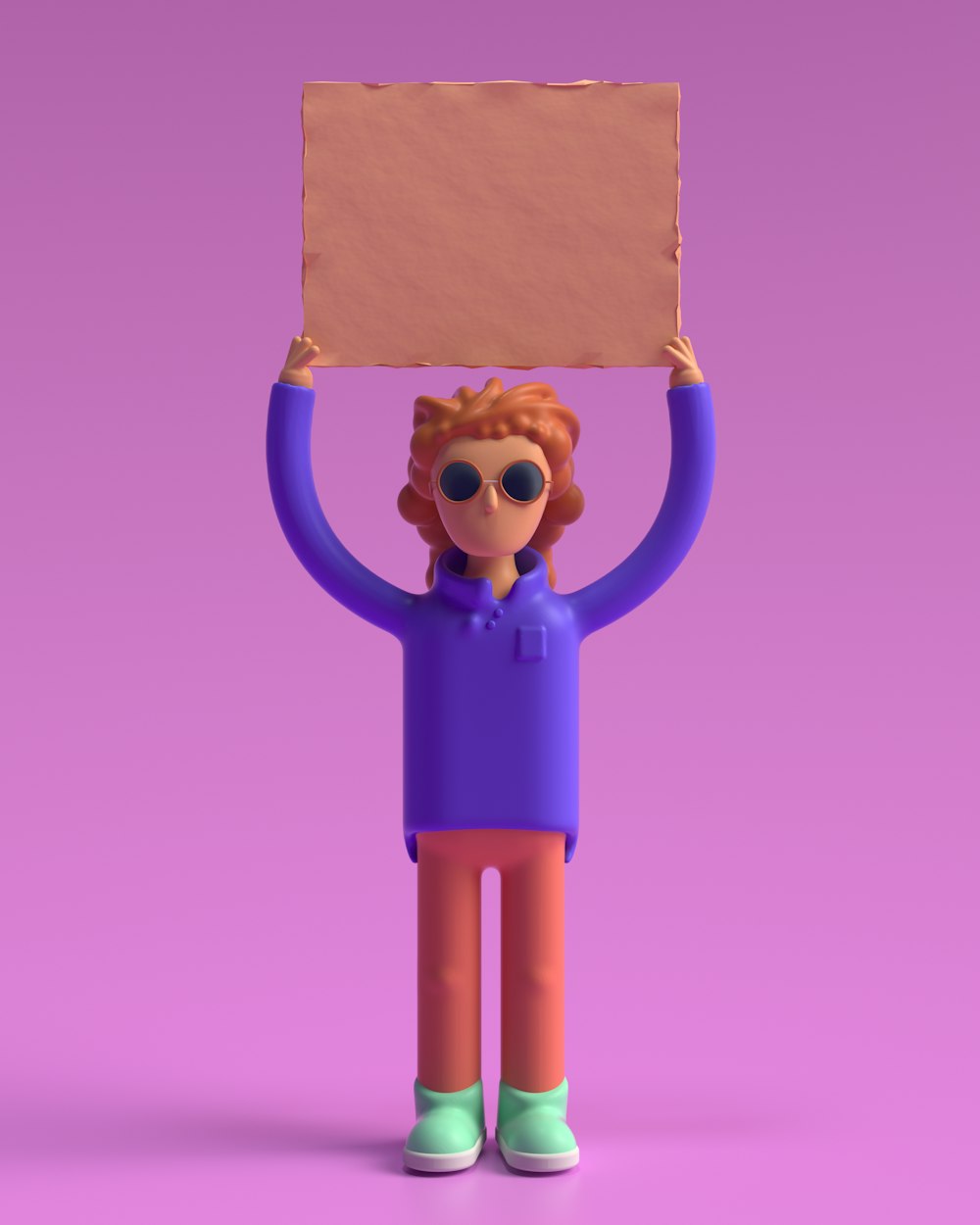 a person holding up a sign on a purple background