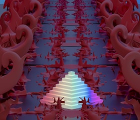 Intricate organic shapes with spiral and curve designs line the sides, forming a passageway leading towards the background. At the center, a luminous multi-colored pyramid structure stands out, emitting a gentle glow amidst the deep red and violet tones surrounding it.