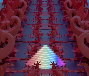 Intricate organic shapes with spiral and curve designs line the sides, forming a passageway leading towards the background. At the center, a luminous multi-colored pyramid structure stands out, emitting a gentle glow amidst the deep red and violet tones surrounding it.