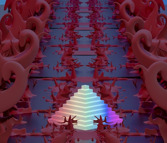 Intricate organic shapes with spiral and curve designs line the sides, forming a passageway leading towards the background. At the center, a luminous multi-colored pyramid structure stands out, emitting a gentle glow amidst the deep red and violet tones surrounding it.