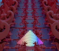 Intricate organic shapes with spiral and curve designs line the sides, forming a passageway leading towards the background. At the center, a luminous multi-colored pyramid structure stands out, emitting a gentle glow amidst the deep red and violet tones surrounding it.