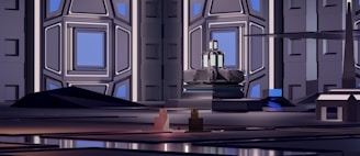 A futuristic interior setting featuring geometric architecture with a focus on symmetry and angular designs. The space is dominated by a central structure resembling a throne or control station, surrounded by large wall panels with square and hexagonal patterns. The lighting casts a mix of blue and purple hues, creating a sleek, modern ambiance.
