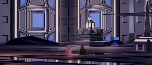 A futuristic interior setting featuring geometric architecture with a focus on symmetry and angular designs. The space is dominated by a central structure resembling a throne or control station, surrounded by large wall panels with square and hexagonal patterns. The lighting casts a mix of blue and purple hues, creating a sleek, modern ambiance.