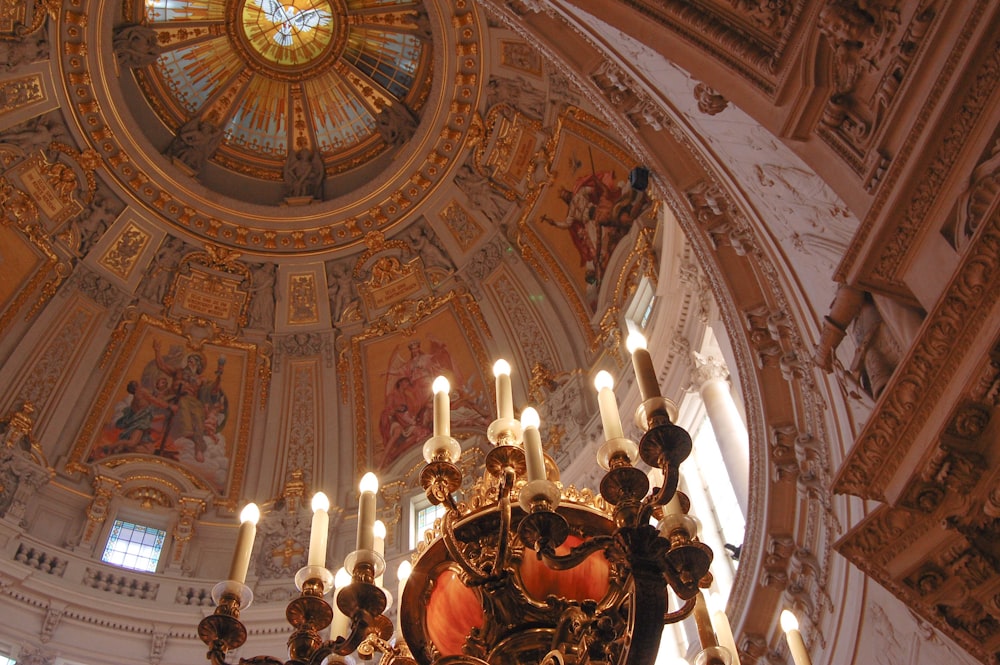 a chandelier hanging from the ceiling of a building