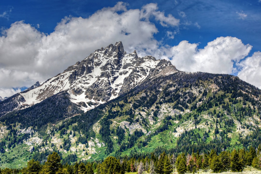 a snow covered mountain with trees in the foreground, Grand Teton National Park - 1605<p></figure>Grand Teton National Park lies in Northwestern Wyoming about ten miles south of Yellowstone National Park.