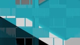 A modern abstract design featuring geometric shapes and patterns. The composition includes a series of rectangles and lines in various shades of teal, dramatic black and white contrasts, and subtle grays. The design has a layered and textured appearance, suggesting a facade or architectural element.