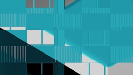 A modern abstract design featuring geometric shapes and patterns. The composition includes a series of rectangles and lines in various shades of teal, dramatic black and white contrasts, and subtle grays. The design has a layered and textured appearance, suggesting a facade or architectural element.