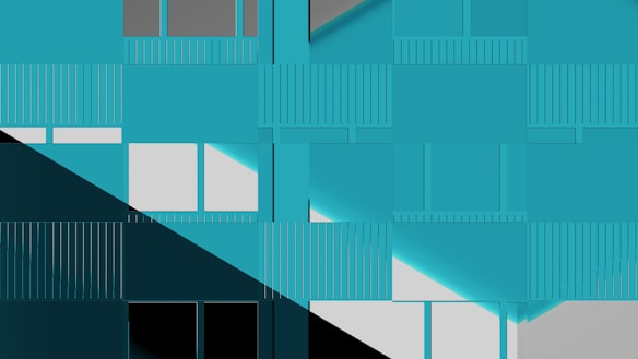 A modern abstract design featuring geometric shapes and patterns. The composition includes a series of rectangles and lines in various shades of teal, dramatic black and white contrasts, and subtle grays. The design has a layered and textured appearance, suggesting a facade or architectural element.