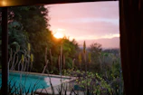Sunset view over the private pool surrounded by lush tropical plants.