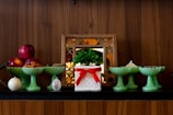 Decorative accessories arranged on a wooden shelf