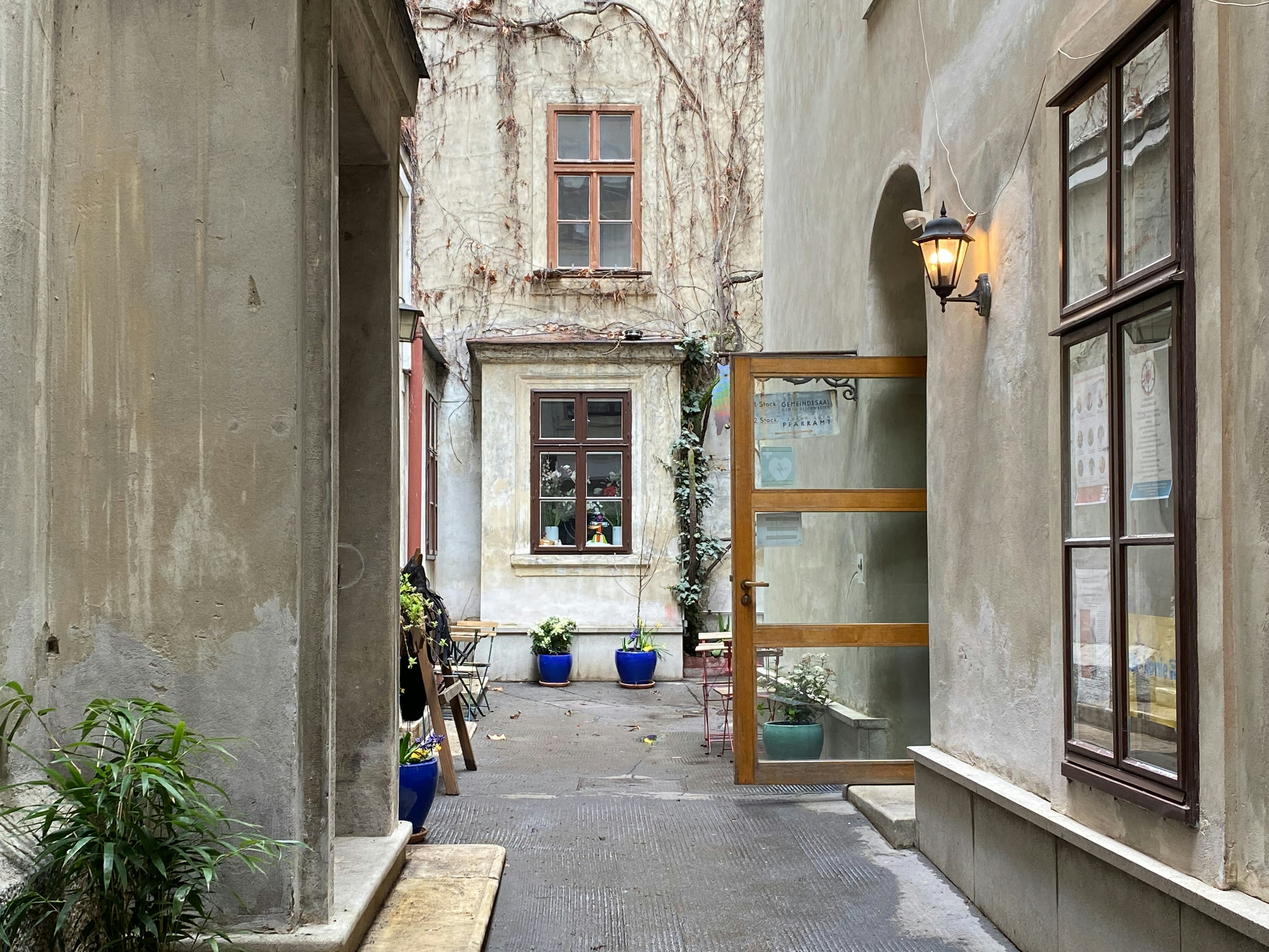 a narrow alley way with potted plants on either side