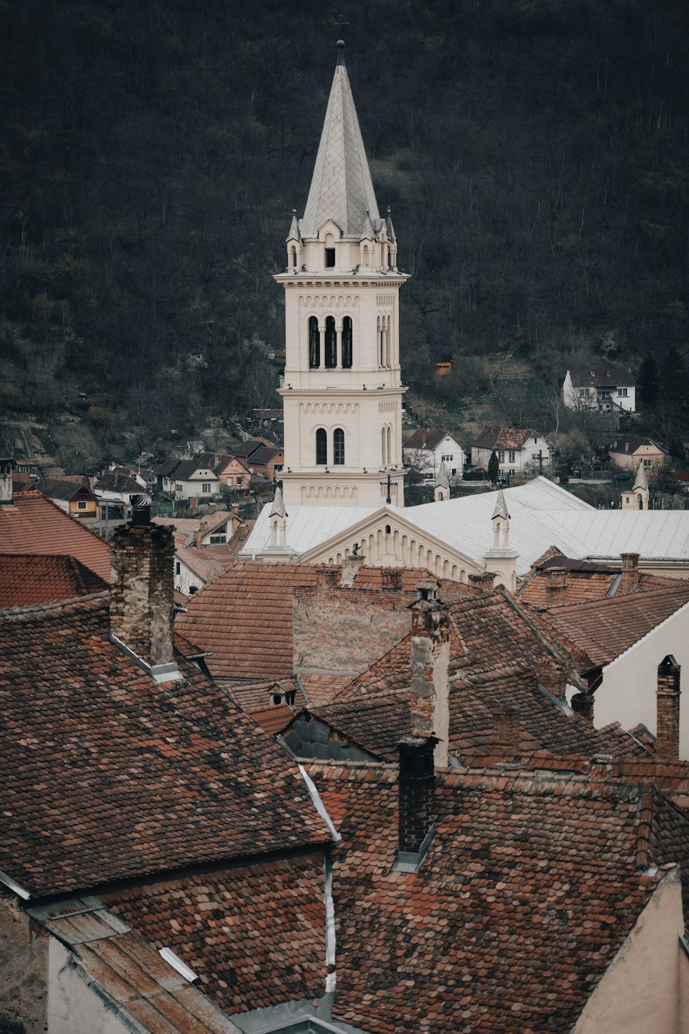 a church tower towering over a small town