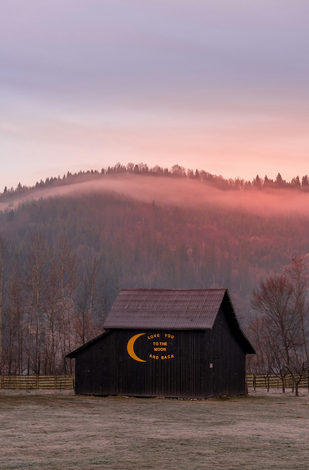 a barn in a field with a mountain in the background